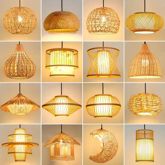 A collection of warm-toned handwoven rattan pendant lights and a black woven pendant light for dining room use