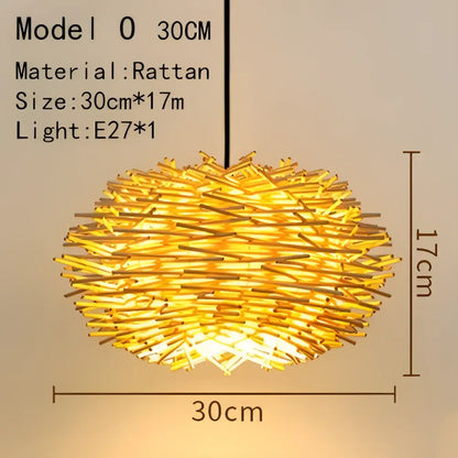 Golden-yellow handwoven rattan pendant light with spherical woven design for dining room illumination