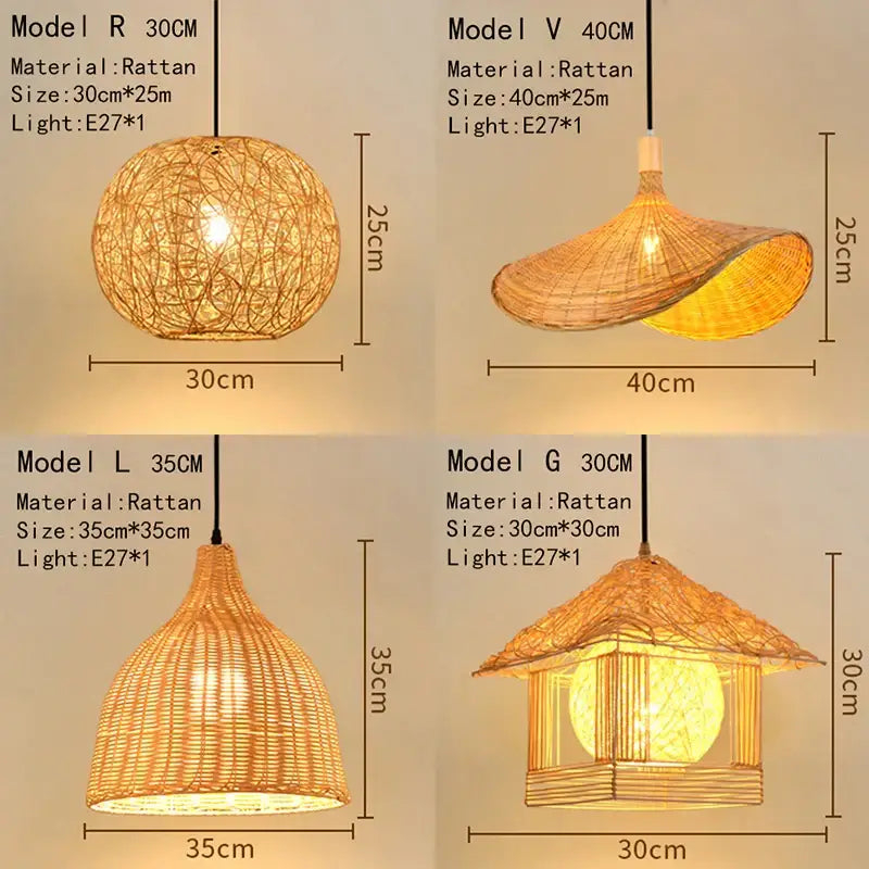 Handwoven black woven pendant light in natural rattan with spherical conical and pagoda designs for dining room