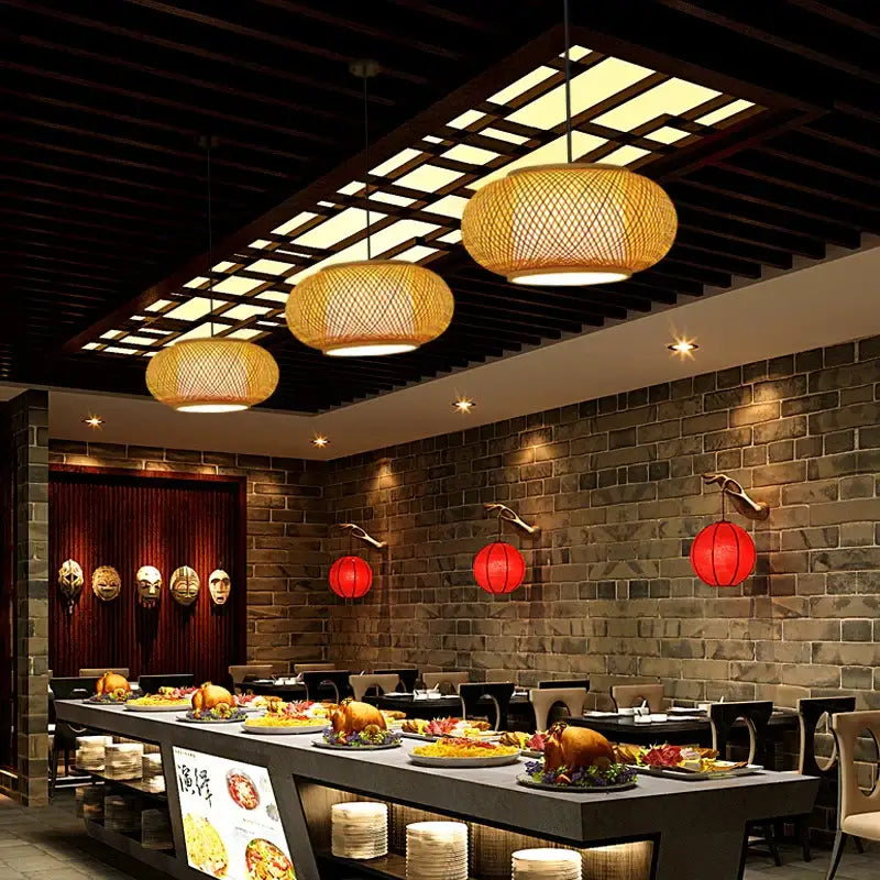 Handwoven black woven pendant light with warm bamboo texture and natural golden hue for dining room lighting