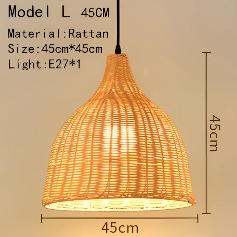 A warm-toned handwoven rattan pendant light with a 45cm woven conical design and e27 bulb socket for dining room