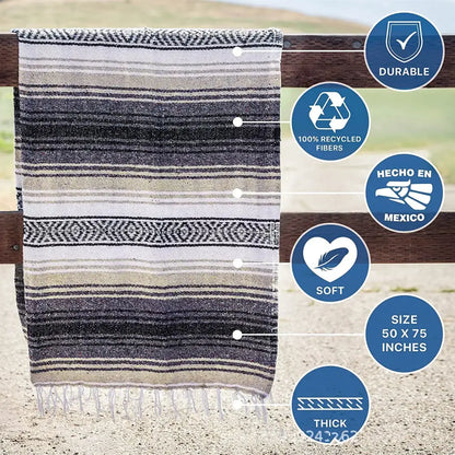 Black and white striped decorbites handwoven mexican blanket with geometric pattern made from 100 percent recycled fibers