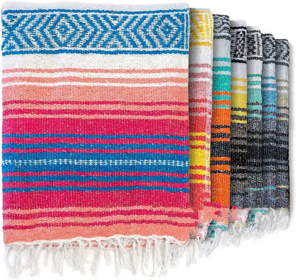 Handwoven mexican blanket by decorbites with pink coral and blue stripes geometric border and white fringe for decor
