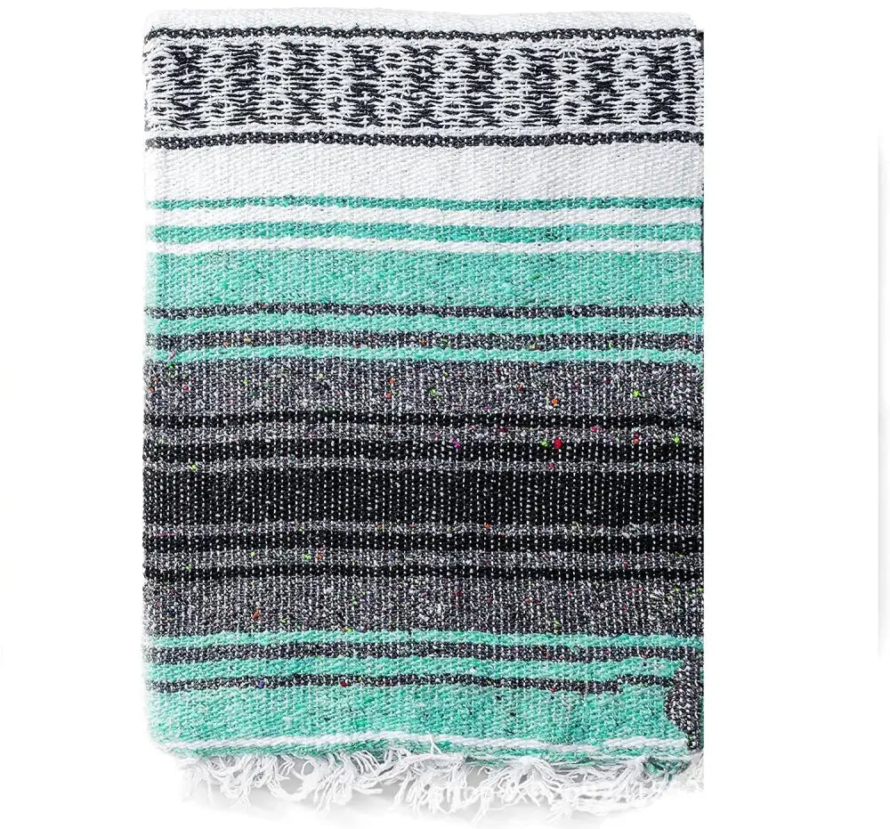 Decorbites handwoven mexican blanket with teal black gray and white stripes textured pattern and frayed edges for decor