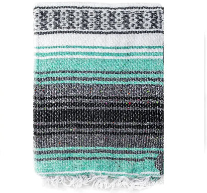 Decorbites handwoven mexican blanket with teal black gray and white stripes textured pattern and frayed edges for decor