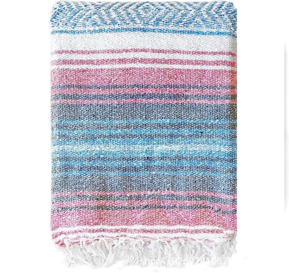 Handwoven mexican blanket with pink blue geometric stripes and white fringe by decorbites for beach or bedroom decor
