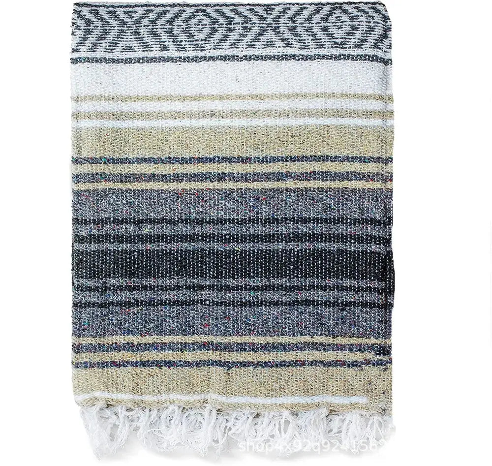 Handwoven mexican blanket with gray beige black stripes and decorative border decorbites handwoven for bedroom decor