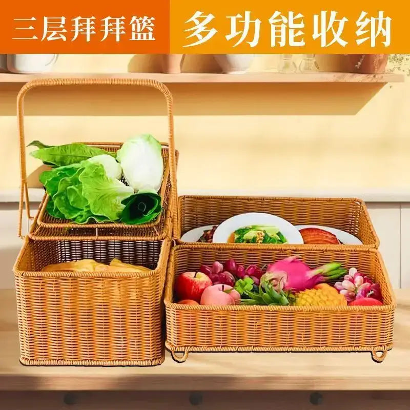 Woven wicker three-tiered shopping basket with handle and wheels in natural tan for handwoven rattan picnic use