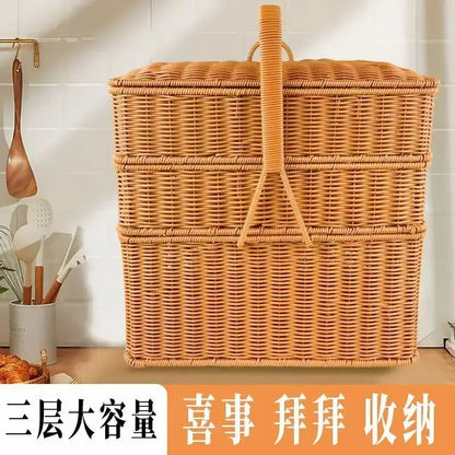 Rectangular handwoven rattan picnic basket with lid and handle for outdoor storage in natural wicker color