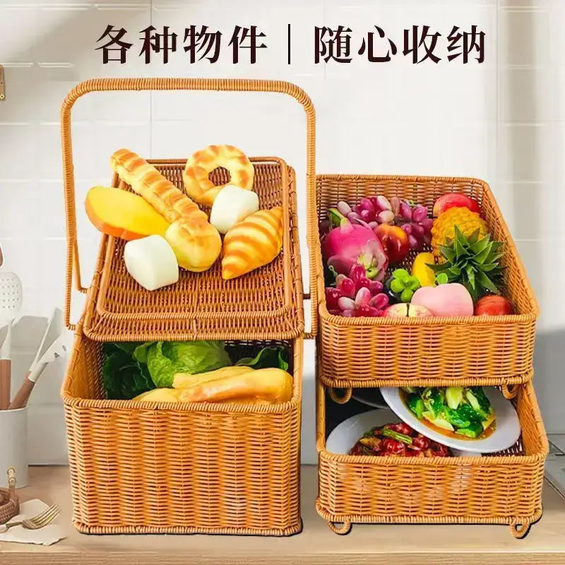 Two-tiered handwoven rattan picnic basket with lid in natural color featuring handle and wheels for outdoor storage and mobility