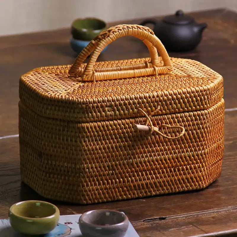 Handwoven rattan storage box tea caddy with natural color sturdy handle and tied closure by decorbites handwoven rattan