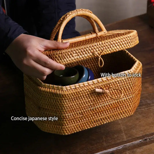 Handwoven rattan storage box tea caddy with woven handle and button closure for kitchen decorbites handwoven rattan decor