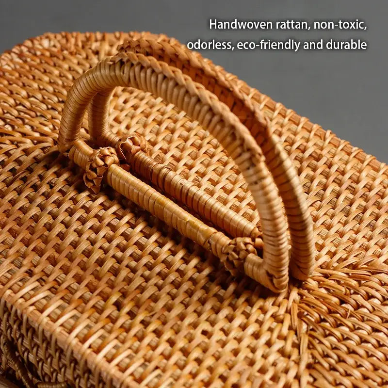 Handwoven rattan storage box in natural tan with a sturdy curved handle by decorbites handwoven rattan for kitchen use