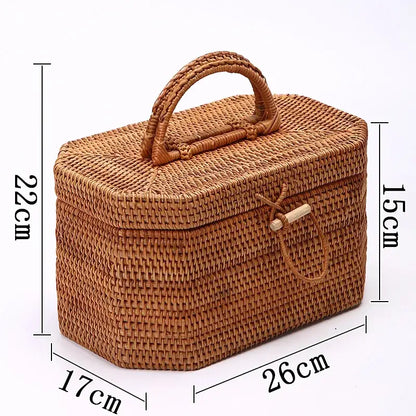 Handwoven rattan brown storage box with handle and wooden toggle closure decorbites handwoven rattan cosmetic case