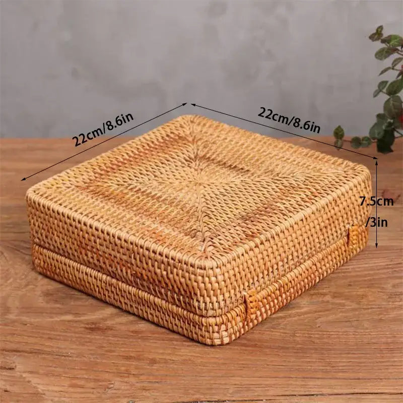 Handwoven rattan storage box by decorbites with light brown woven pattern and hinged lid for stylish home organization