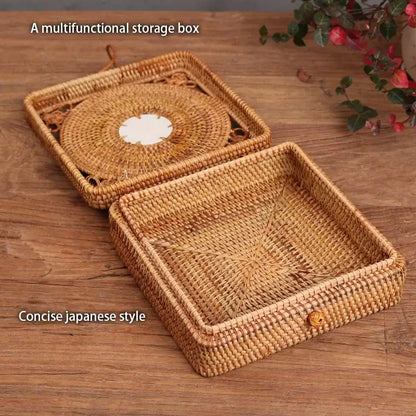 Handwoven rattan storage box by decorbites with intricate circular lid pattern and white center for kitchen use