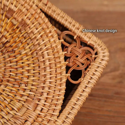Handwoven rattan storage box by decorbites with natural tan woven basket and intricate chinese knot decor