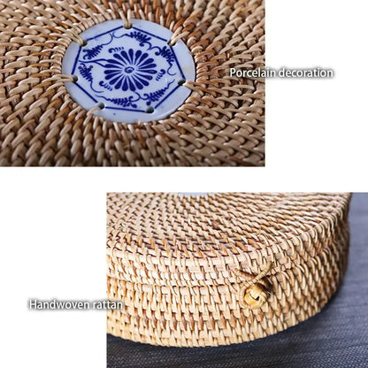 Handwoven rattan storage box with natural round design and blue white porcelain floral lid by decorbites handwoven rattan