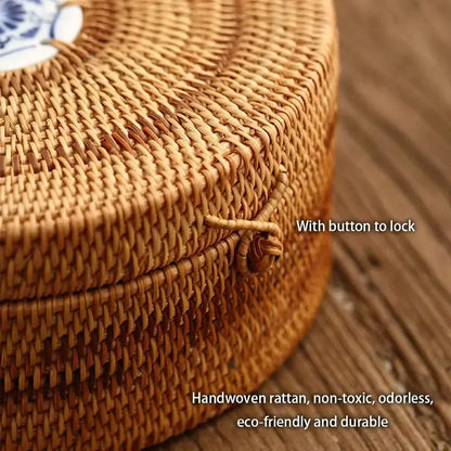 Handwoven rattan storage box with button closure and blue and white ceramic accent for decorbites handwoven rattan decor
