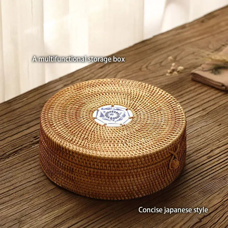Handwoven rattan storage box with a white inset and blue white ceramic medallion lid by decorbites