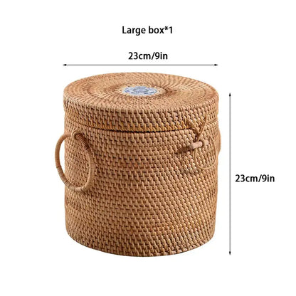 Handwoven rattan storage box by decorbites tan round woven basket with lid and looped handles for kitchen decor