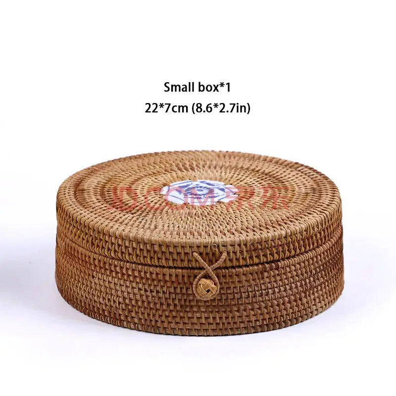 Handwoven rattan storage box by decorbites with natural brown finish and blue and white ceramic lid for kitchen decor