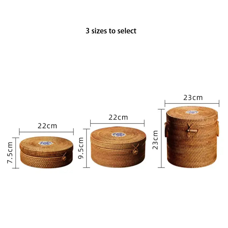 Three natural brown decorbites handwoven rattan storage boxes with lids and side handles for kitchen storage