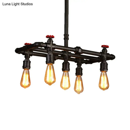 Decorbites black finish hanging ceiling light with industrial black pipe frame and five amber filament bulbs