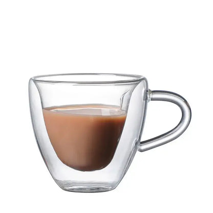 Clear double-walled glass mug filled with brown liquid from decorbites heart glass mug set kitchen drinkware