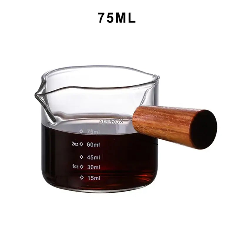 Heat resistant 75ml glass espresso milk jug with wooden handle and dual ml and oz measurement markings