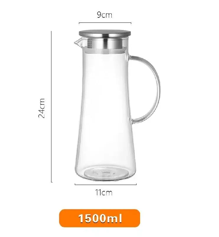 Clear glass pitcher with stainless steel lid and handle 1500ml capacity heat resistant water carafe for kitchen use