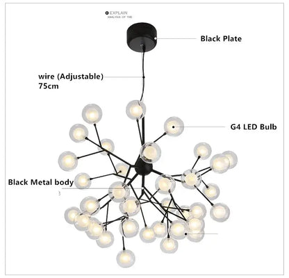Black metal decorbites heracleum firefly chandelier with clear glass globe bulbs and adjustable 75cm wire for dining room light