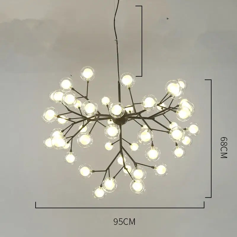 Black metal decorbites heracleum firefly chandelier with clear glass globe bulbs in branching tree design for dining room light
