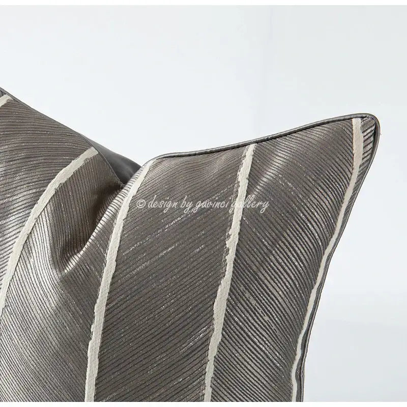 Gray herringbone jacquard cushion cover with subtle metallic sheen and white vertical stripes for living room decor