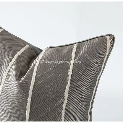 Gray herringbone jacquard cushion cover with subtle metallic sheen and white vertical stripes for living room decor