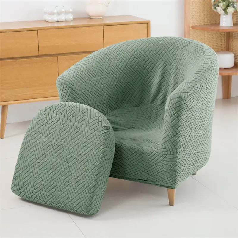 Green herringbone jacquard elastic armchair slipcover with matching footrest for living room decor
