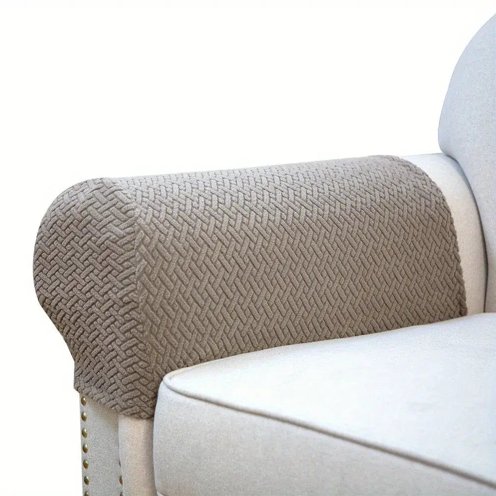 Beige herringbone knit fleece sofa armrest cover with textured fabric for living room set protection