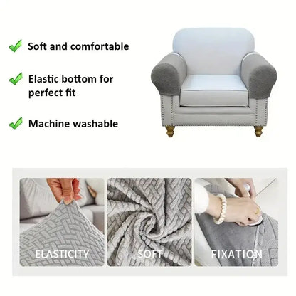 Gray herringbone knit fleece armchair cover with elastic bottom and machine washable design for living room use