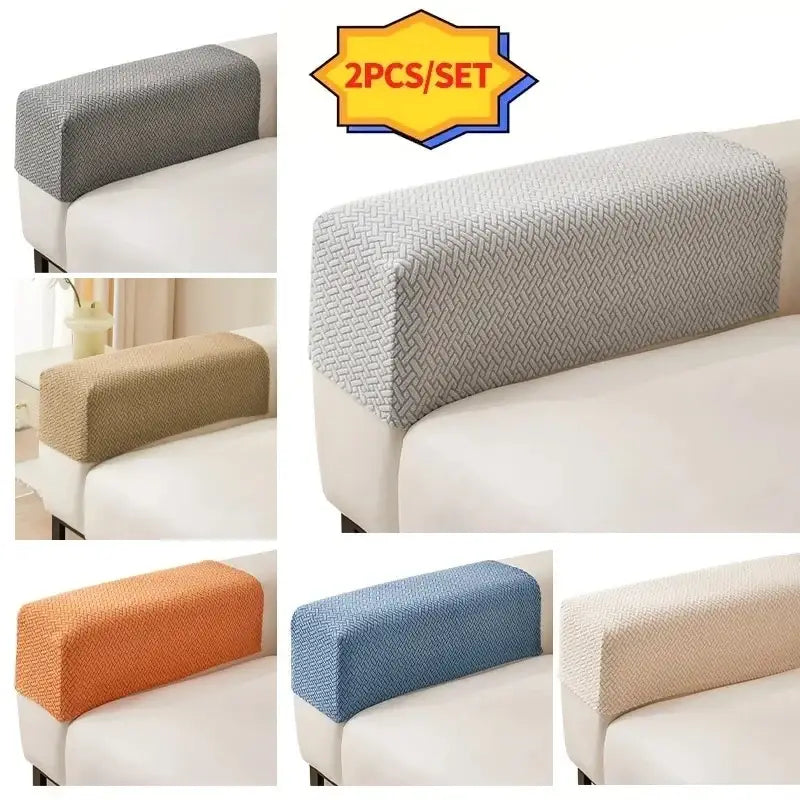 Textile sofa armrest cover in knit fleece with herringbone weave pattern available in gray beige orange blue and cream