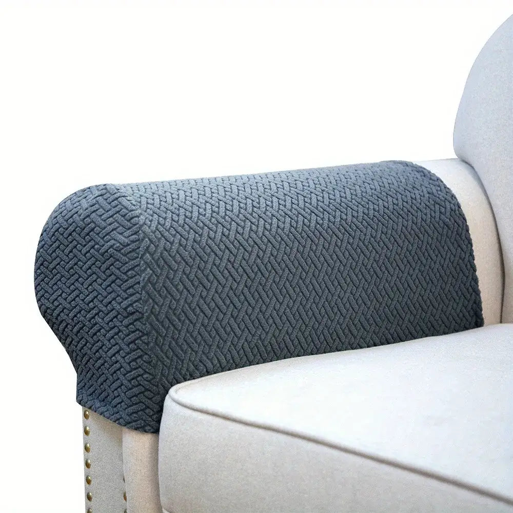 Dark gray herringbone weave fleece armrest cover snugly fits over light upholstered chair for living room sofa protection
