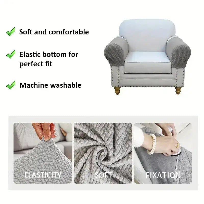 Gray herringbone weave fleece armchair cover with elastic bottom, machine washable for living room sofa protection