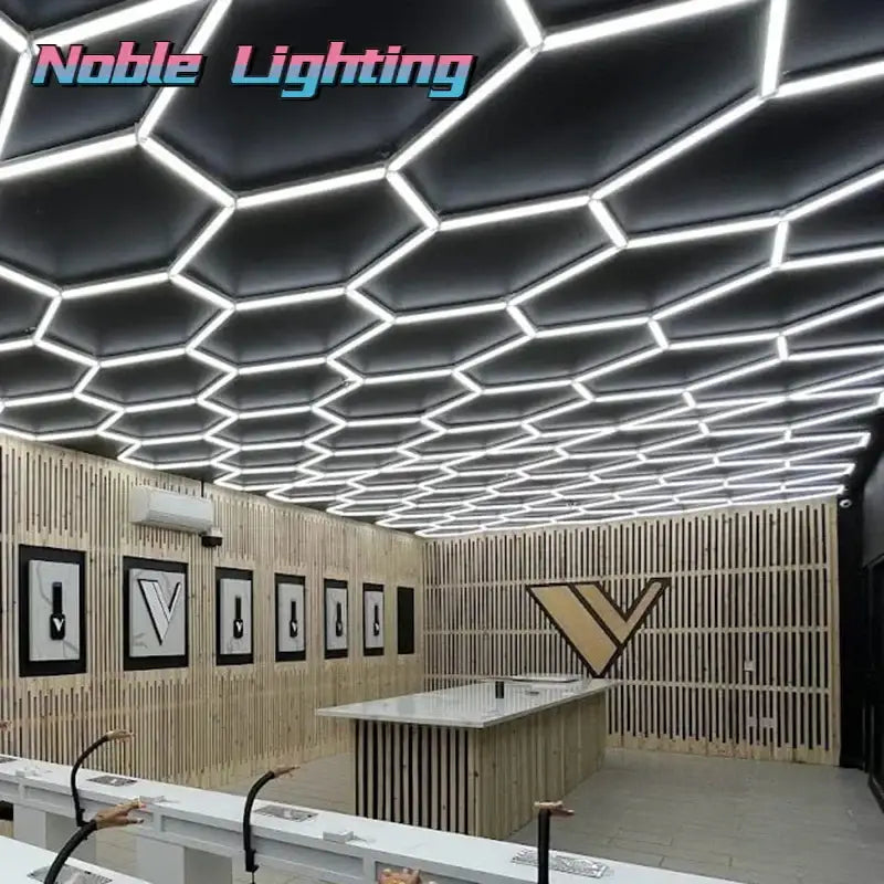 Black hexagonal decorbites led car detailing ceiling panels with integrated white led lighting strips for garage use