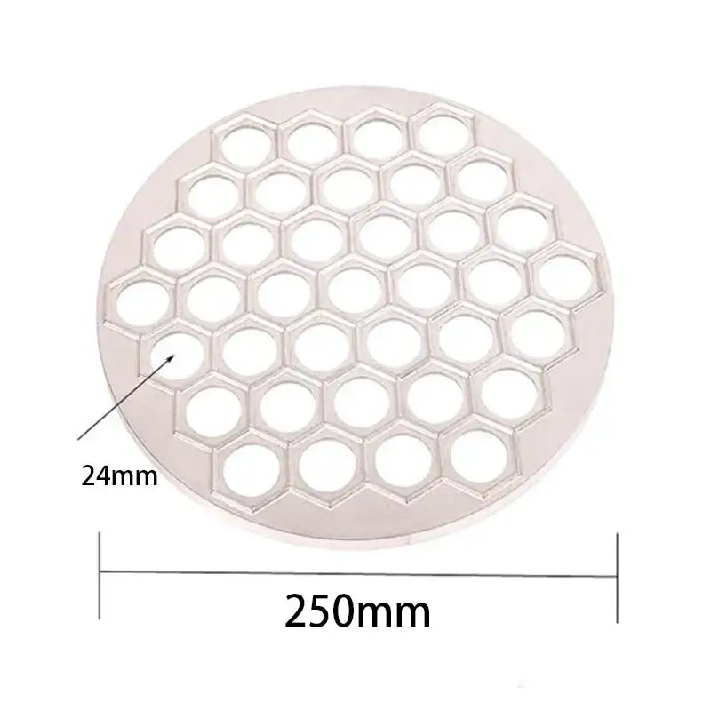 Silver circular aluminum dumpling maker trivet with honeycomb pattern and 24mm hexagonal cutouts 250mm diameter