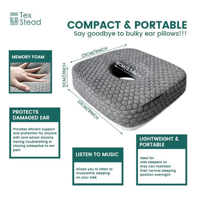 Hexagonal gray ear guard pillow memory foam seat cushion with central cutout for side sleeping ultimate comfort