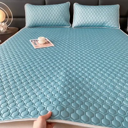 Light blue hexagonal-patterned cooling bed sheet set with matching pillow covers for bedroom comfort