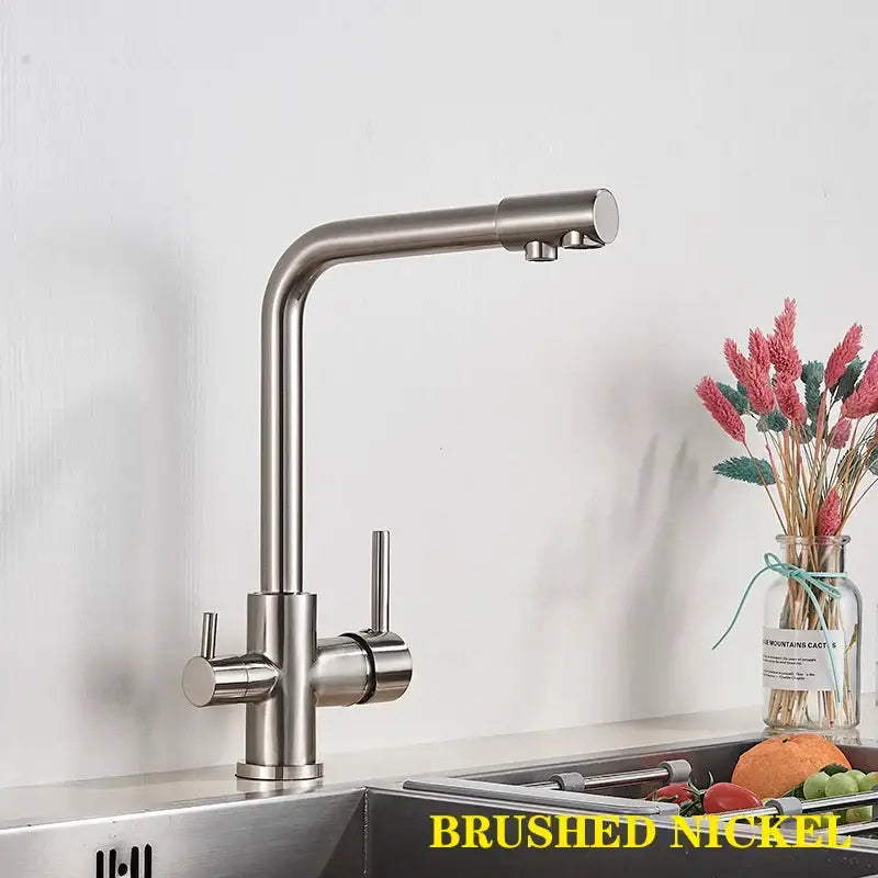 Brushed nickel decorbites dual spout chrome kitchen faucet with high arc, sleek modern design, and dual handles
