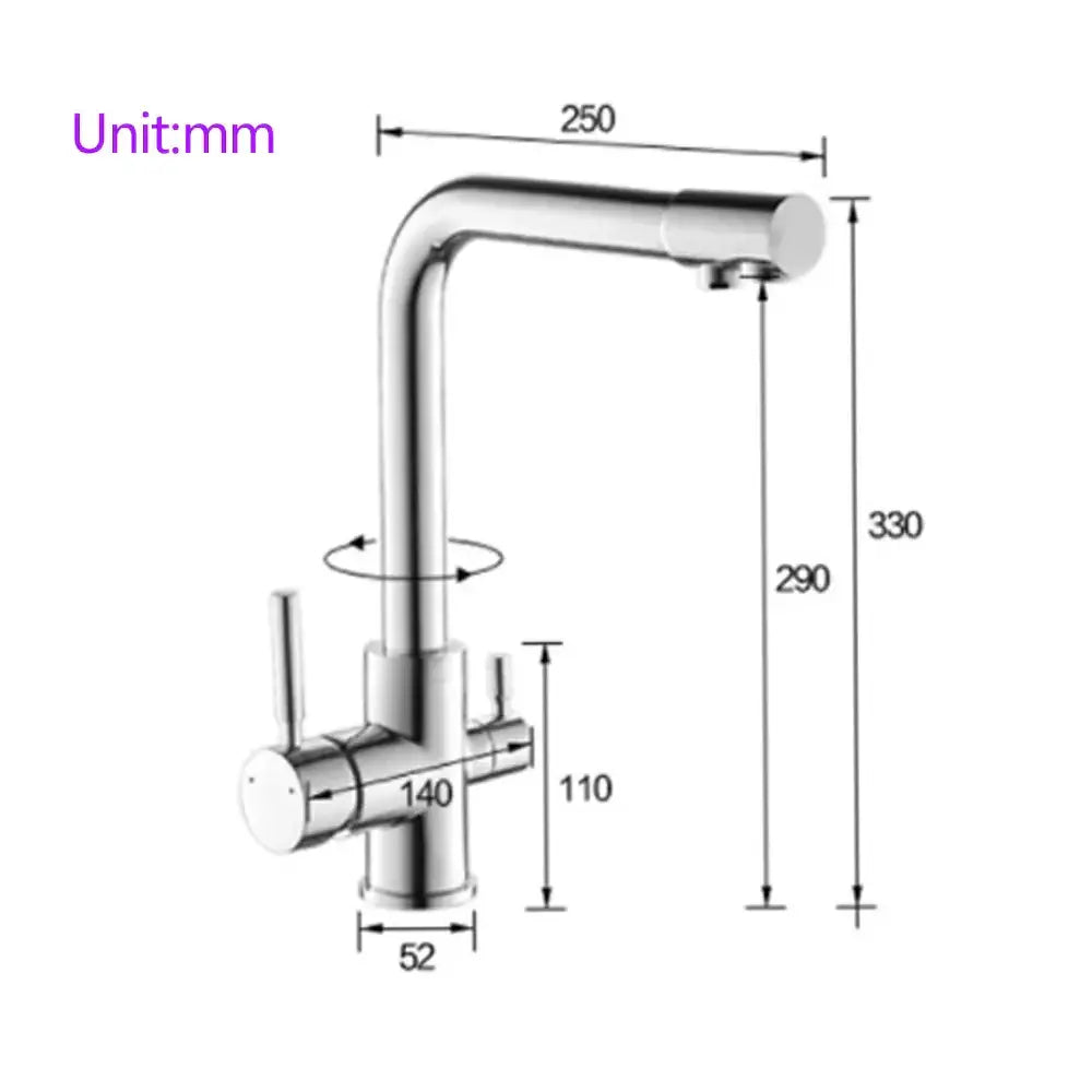 Modern chrome dual spout kitchen faucet with high arc curved spout and dual handles for hot and cold water control