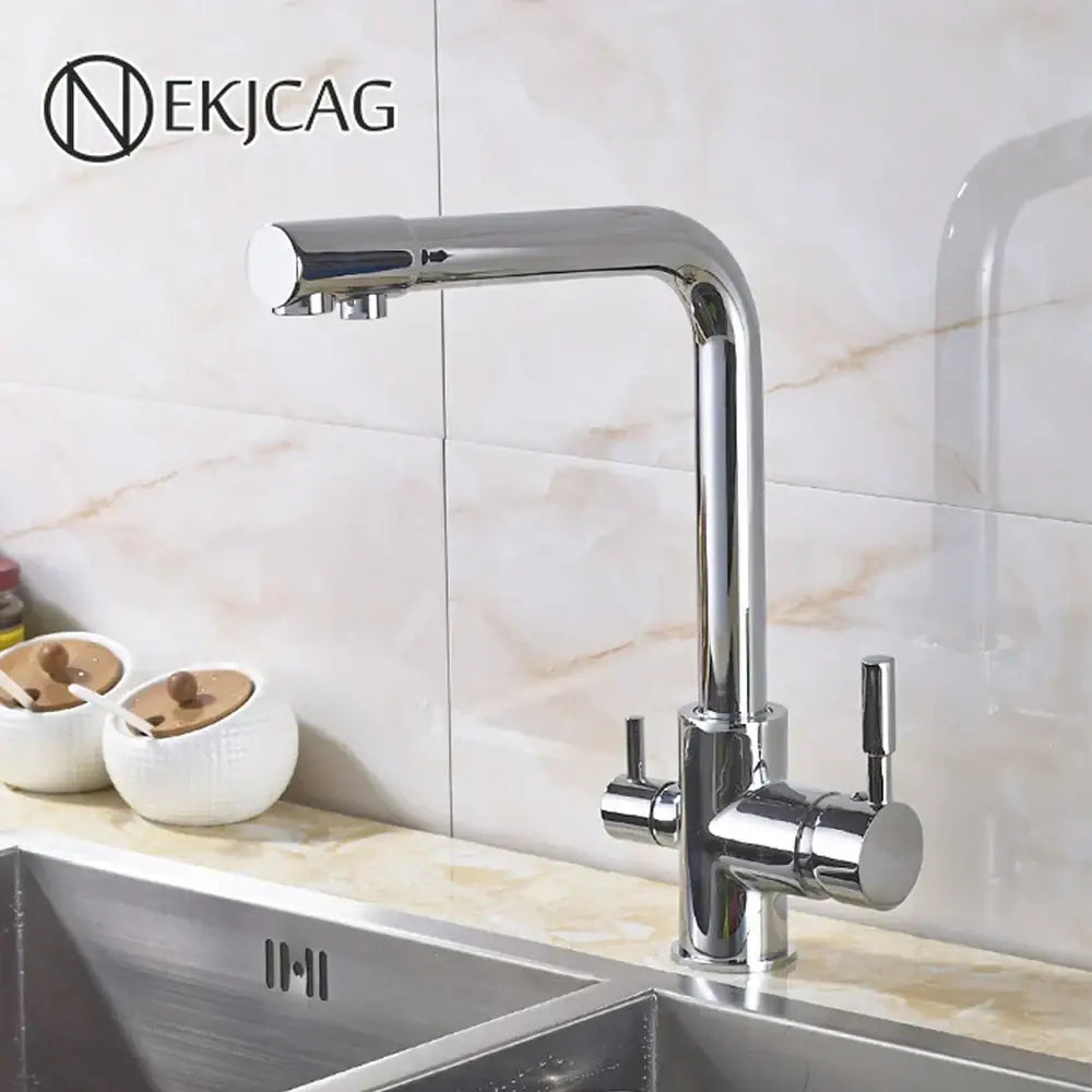 High arc dual spout chrome kitchen faucet with pull down sprayer and dual handles by decorbites dual spout chrome model