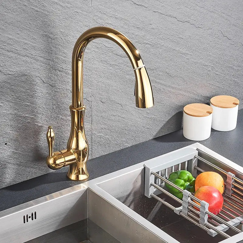 High arch gold brass kitchen faucet with pull out sprayer featuring sleek curved spout and ornate handle decorbites brass kitchen faucet