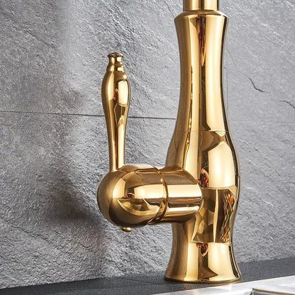 High arch gold brass kitchen faucet with pull out sprayer featuring a polished brass kitchen faucet design by decorbites